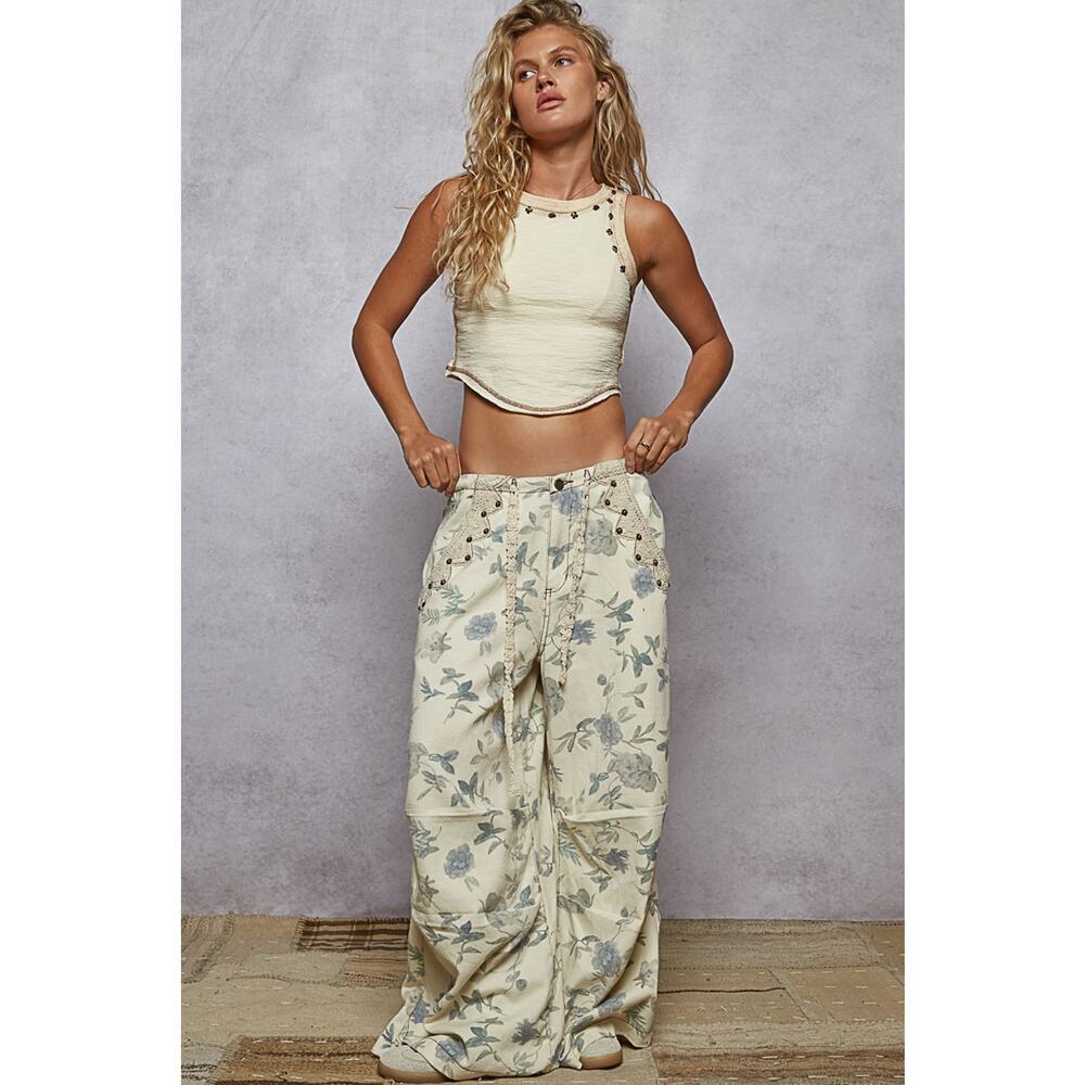 POL Size Large Cream Floral Lace Drawstring Detail Printed Twill Woven Pants - Picture 5 of 6